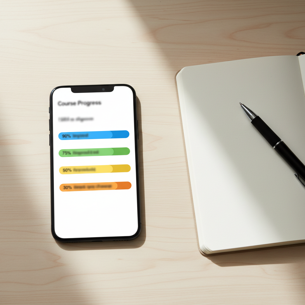 Mobile phone showing a course progress dashboard